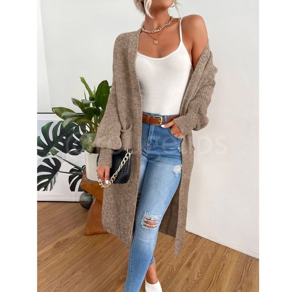 Brown Duster Cardigan Front Pockets Cable Knit Long Sleeve Midi Length - Picture 2 of 8